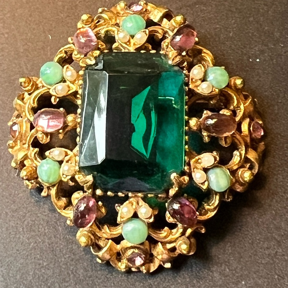 Florenza Signed Faux Emerald, Peatl , Turquoise,Purple Cabachon Brooch